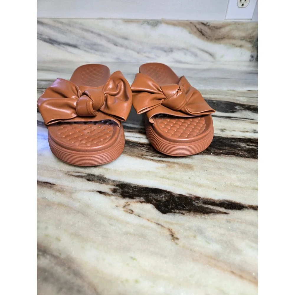 Rouge‎ Helium Womens Cognac Brown Bow Platform Slide Sandals Size 9